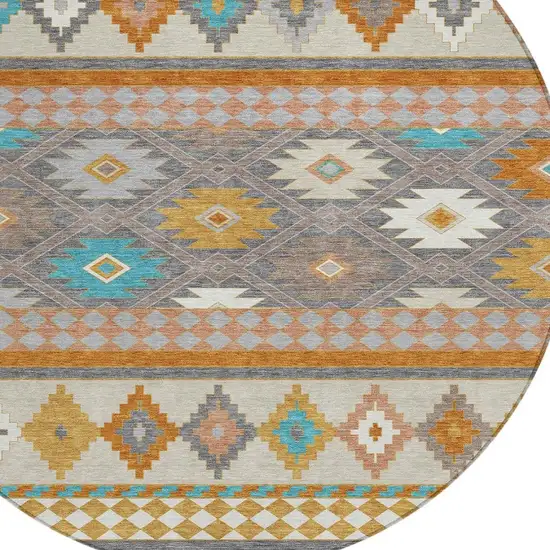 8' Gray And Silver Round Southwestern Washable Indoor Outdoor Area Rug Photo 3