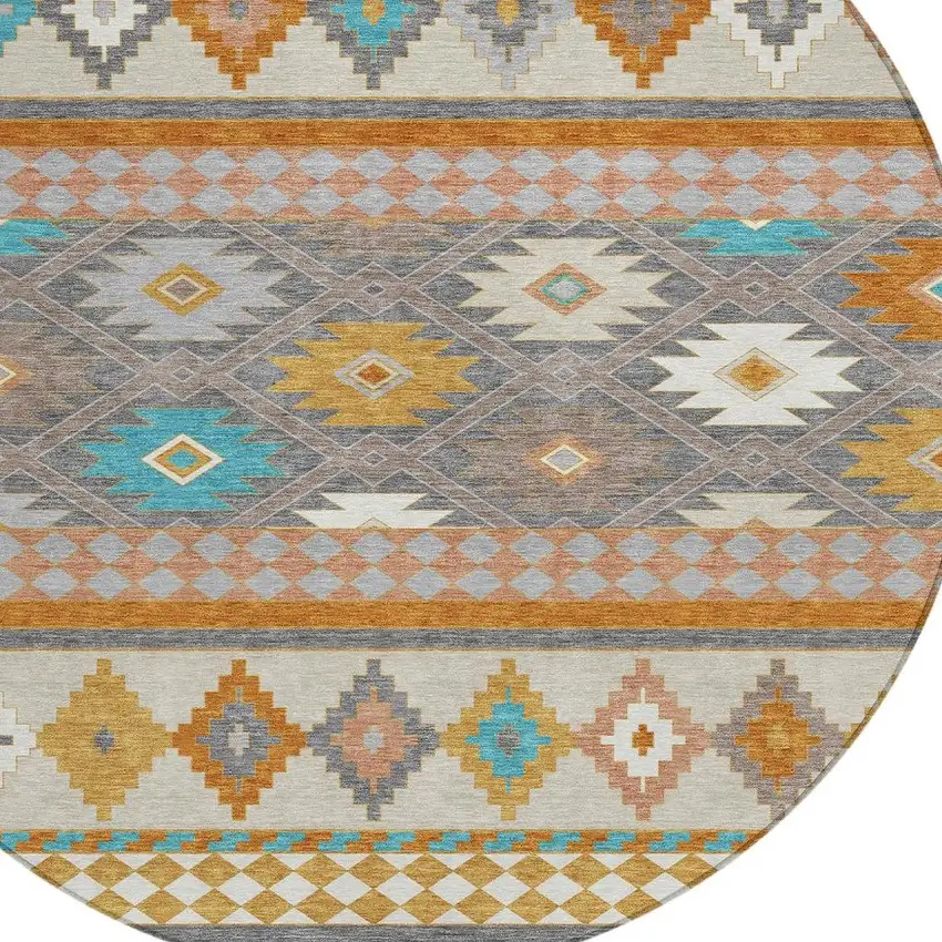8' Gray And Silver Round Southwestern Washable Indoor Outdoor Area Rug Photo 3