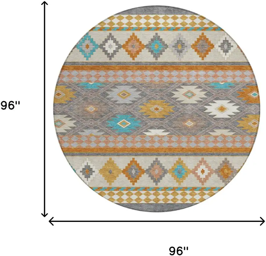 8' Gray And Silver Round Southwestern Washable Indoor Outdoor Area Rug Photo 7