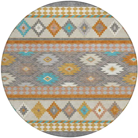 8' Gray And Silver Round Southwestern Washable Indoor Outdoor Area Rug Photo 2