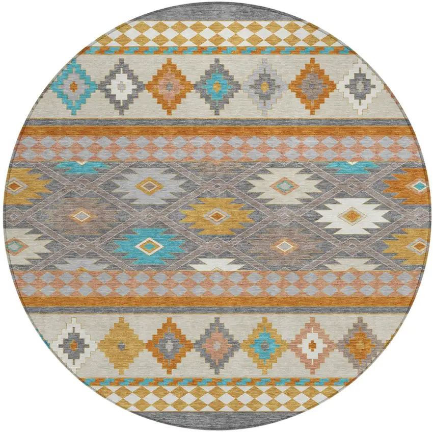 8' Gray And Silver Round Southwestern Washable Indoor Outdoor Area Rug Photo 2