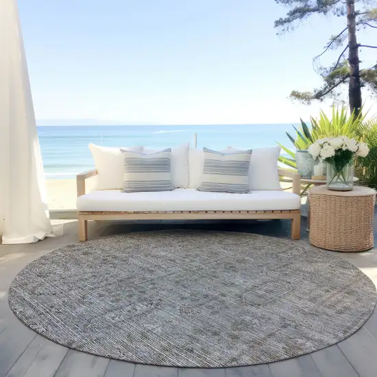 8' Gray And Silver Round Southwestern Washable Indoor Outdoor Area Rug Photo 6