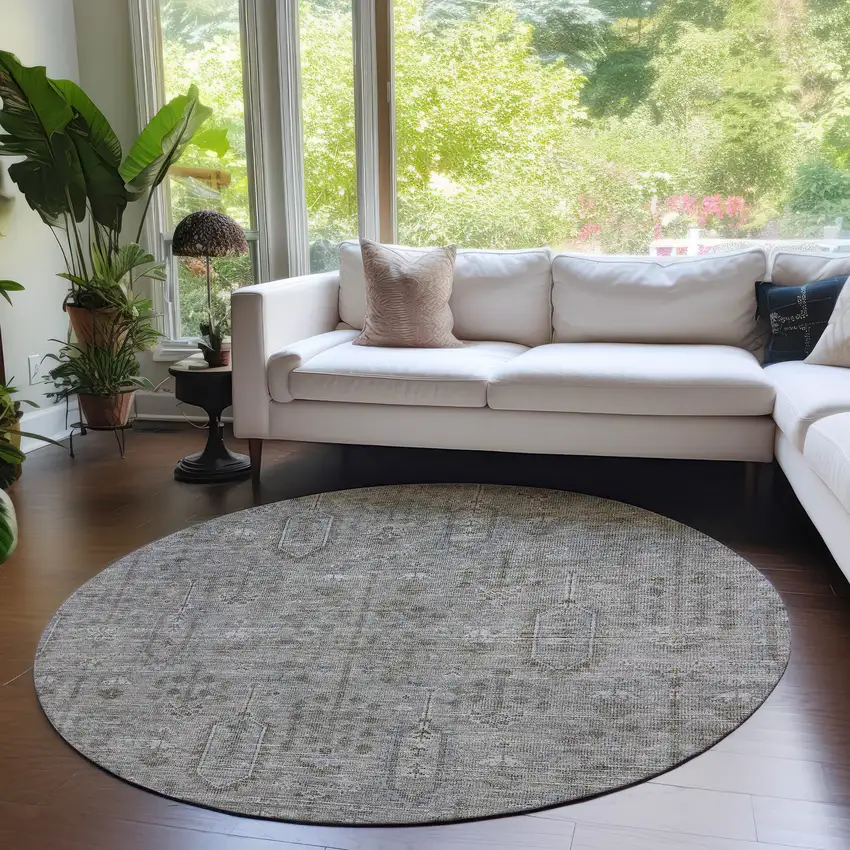 8' Gray And Silver Round Southwestern Washable Indoor Outdoor Area Rug Photo 7