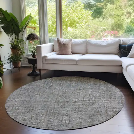 8' Gray And Silver Round Southwestern Washable Indoor Outdoor Area Rug Photo 7