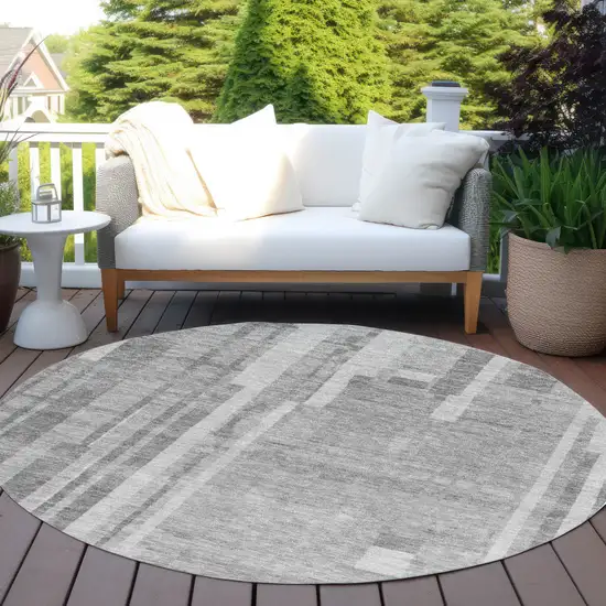 8' Gray And Silver Round Striped Washable Indoor Outdoor Area Rug Photo 7