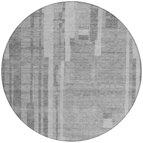 8' Gray And Silver Round Striped Washable Indoor Outdoor Area Rug Photo 6
