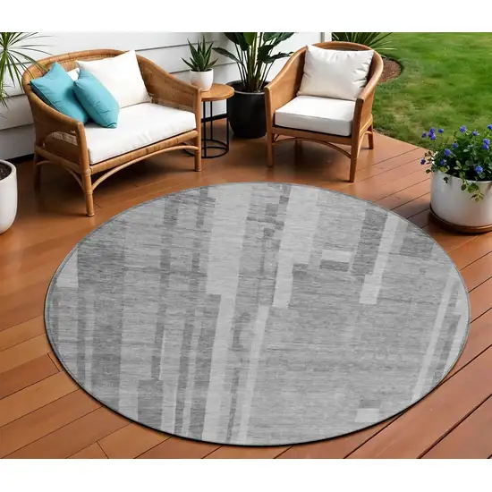 8' Gray And Silver Round Striped Washable Indoor Outdoor Area Rug Photo 1