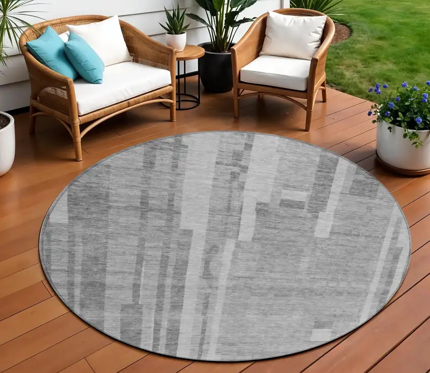8' Gray And Silver Round Striped Washable Indoor Outdoor Area Rug Photo 1