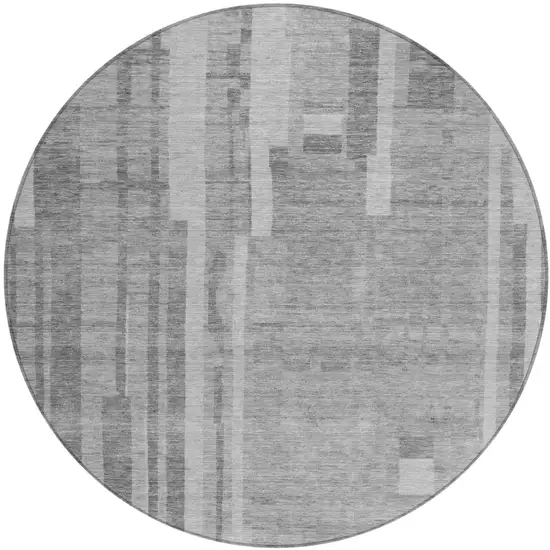 8' Gray And Silver Round Striped Washable Indoor Outdoor Area Rug Photo 2