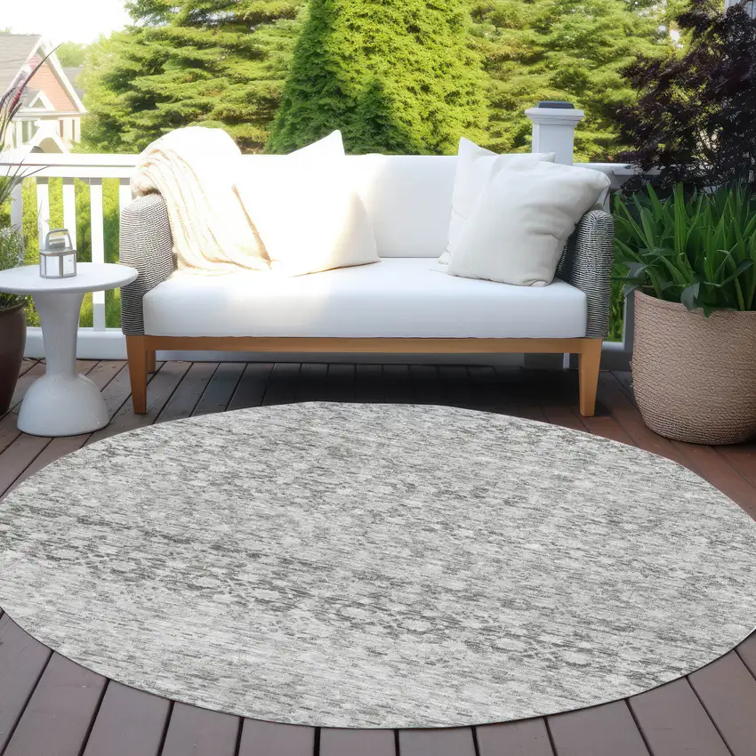 8' Gray And Silver Round Striped Washable Indoor Outdoor Area Rug Photo 5