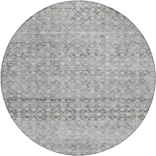 8' Gray And Silver Round Striped Washable Indoor Outdoor Area Rug Photo 1