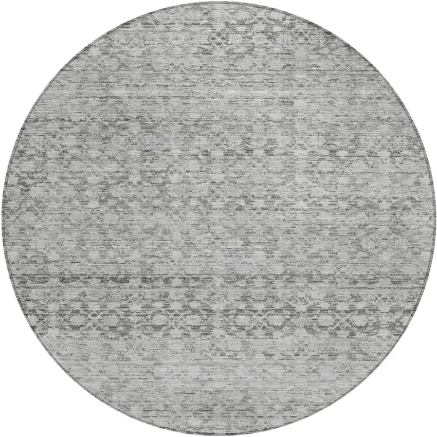 8' Gray And Silver Round Striped Washable Indoor Outdoor Area Rug Photo 1