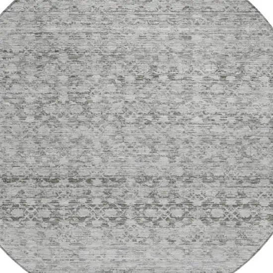 8' Gray And Silver Round Striped Washable Indoor Outdoor Area Rug Photo 8