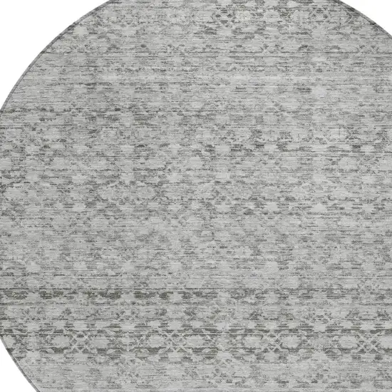 8' Gray And Silver Round Striped Washable Indoor Outdoor Area Rug Photo 4