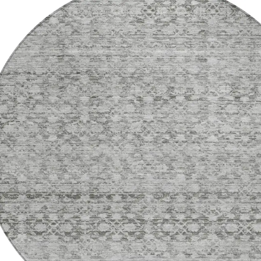 8' Gray And Silver Round Striped Washable Indoor Outdoor Area Rug Photo 4