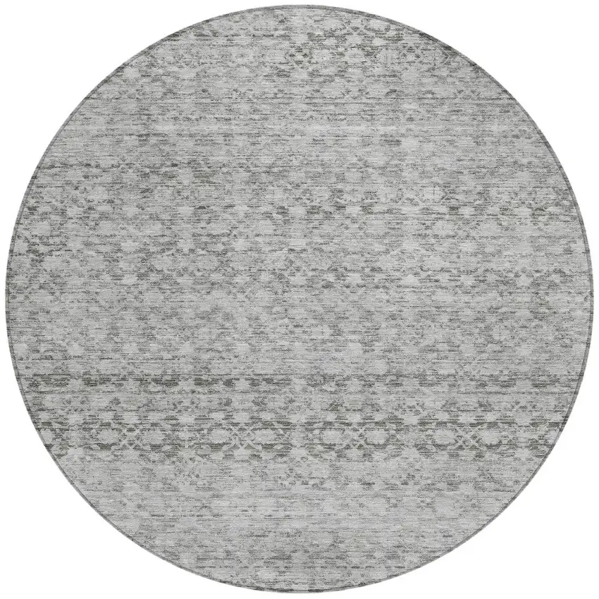 8' Gray And Silver Round Striped Washable Indoor Outdoor Area Rug Photo 3