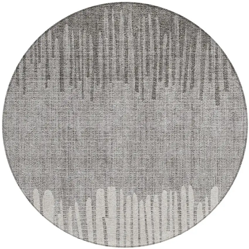 8' Gray And Silver Round Striped Washable Indoor Outdoor Area Rug Photo 3