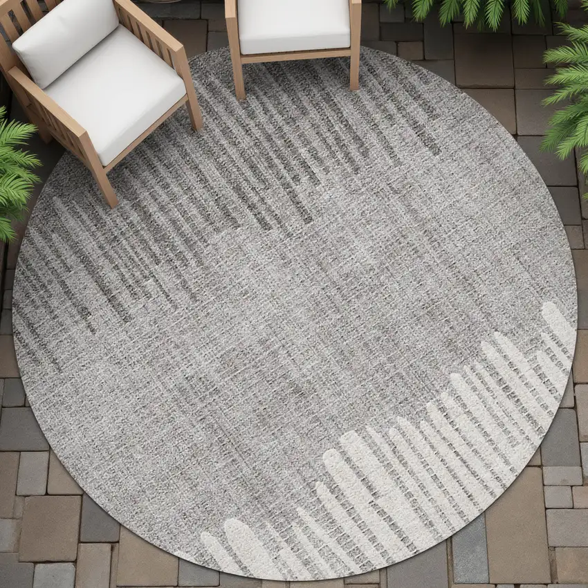 8' Gray And Silver Round Striped Washable Indoor Outdoor Area Rug Photo 6