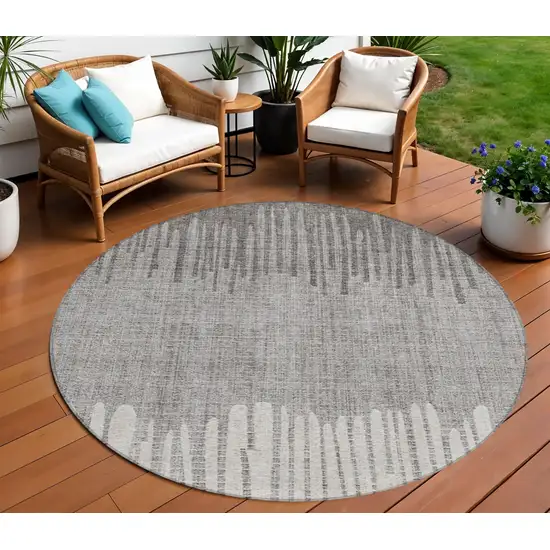 8' Gray And Silver Round Striped Washable Indoor Outdoor Area Rug Photo 2