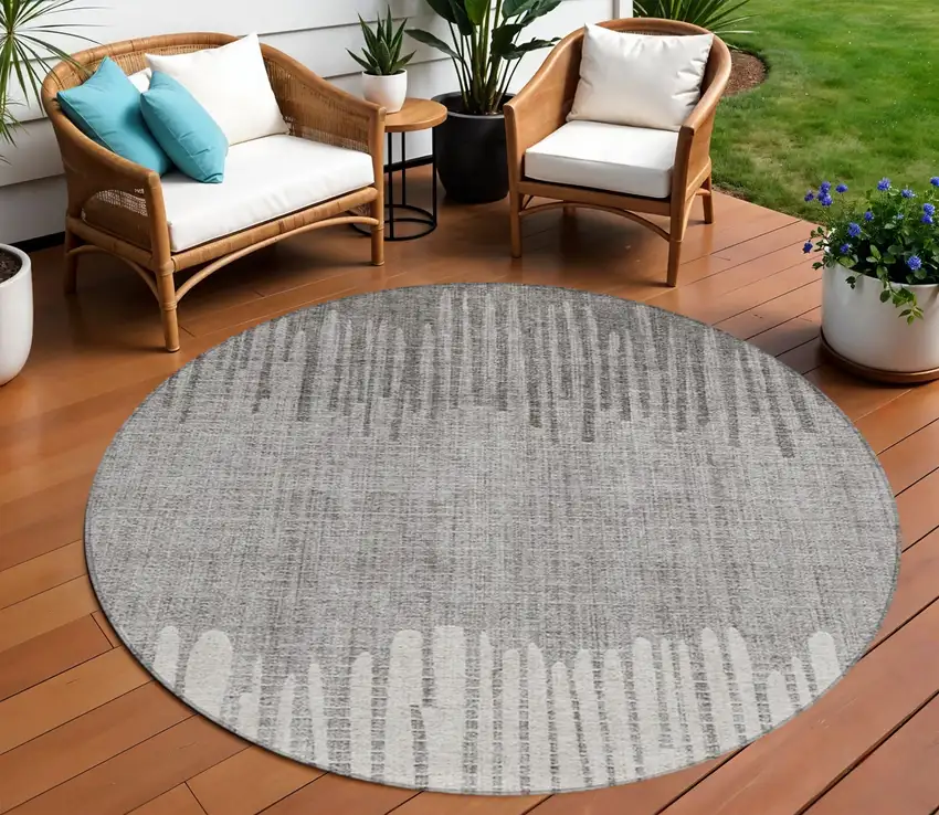 8' Gray And Silver Round Striped Washable Indoor Outdoor Area Rug Photo 2