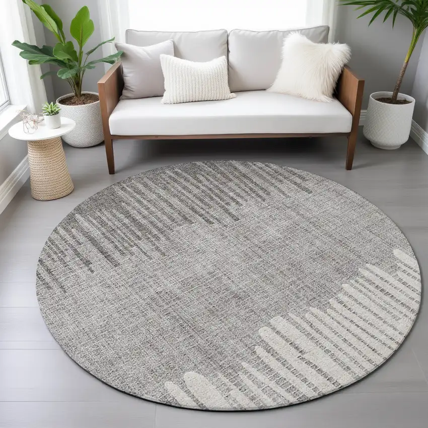 8' Gray And Silver Round Striped Washable Indoor Outdoor Area Rug Photo 7