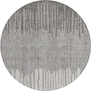 Photo of 8' Gray And Silver Round Striped Washable Indoor Outdoor Area Rug