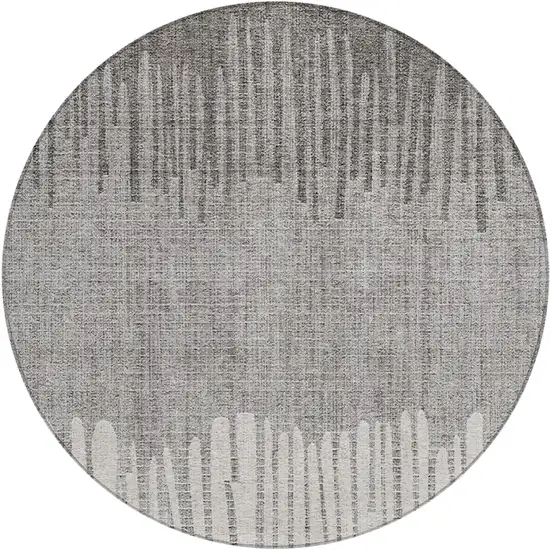 8' Gray And Silver Round Striped Washable Indoor Outdoor Area Rug Photo 1