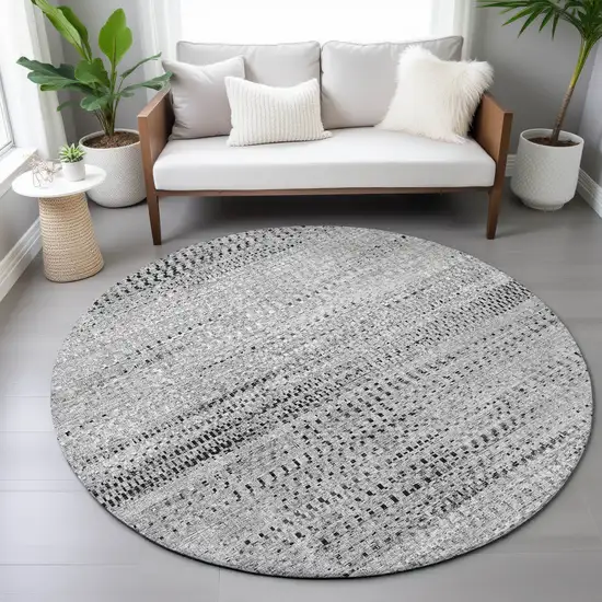 8' Gray And Silver Round Striped Washable Indoor Outdoor Area Rug Photo 5
