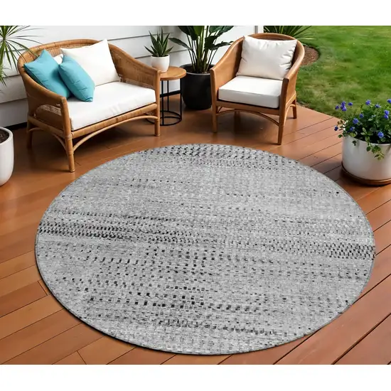 8' Gray And Silver Round Striped Washable Indoor Outdoor Area Rug Photo 2