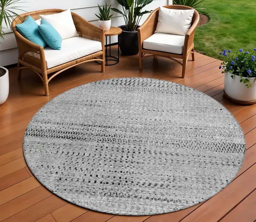 8' Gray And Silver Round Striped Washable Indoor Outdoor Area Rug Photo 2
