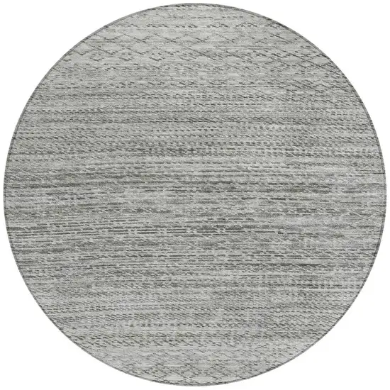 8' Gray And Silver Round Striped Washable Indoor Outdoor Area Rug Photo 3