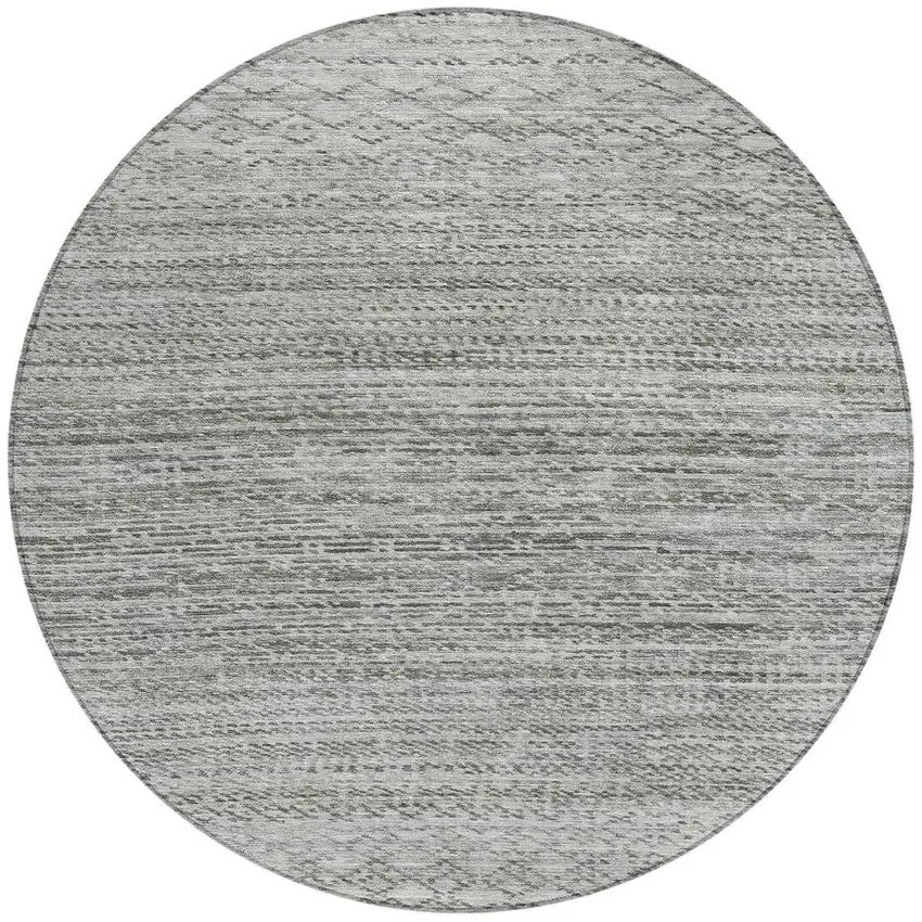 8' Gray And Silver Round Striped Washable Indoor Outdoor Area Rug Photo 3