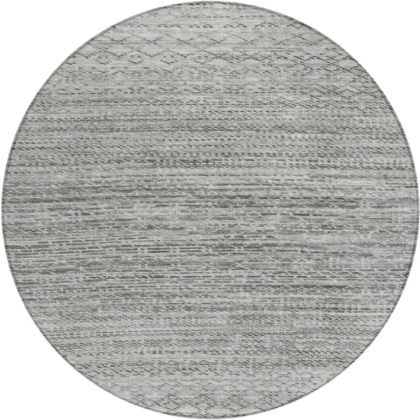 8' Gray And Silver Round Striped Washable Indoor Outdoor Area Rug Photo 1