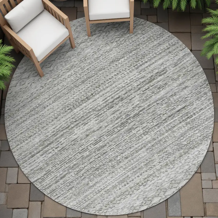 8' Gray And Silver Round Striped Washable Indoor Outdoor Area Rug Photo 5