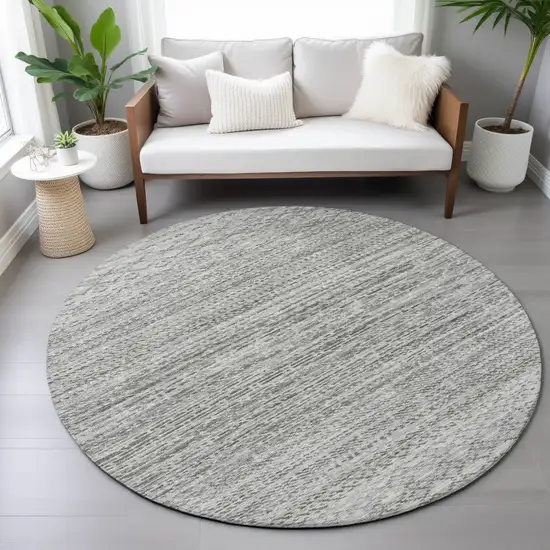 8' Gray And Silver Round Striped Washable Indoor Outdoor Area Rug Photo 6