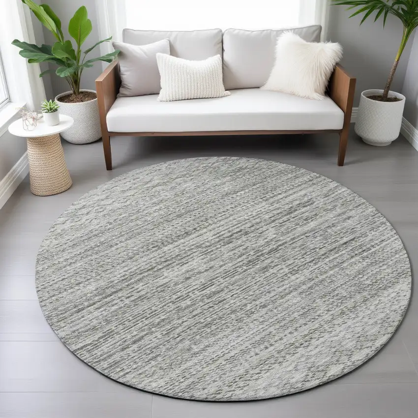 8' Gray And Silver Round Striped Washable Indoor Outdoor Area Rug Photo 6