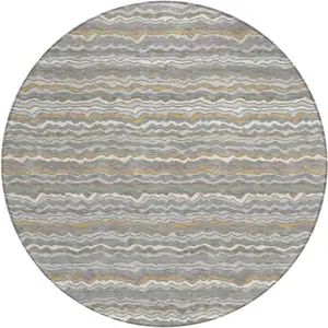 Photo of 8' Gray And Silver Round Striped Washable Indoor Outdoor Area Rug