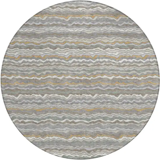 8' Gray And Silver Round Striped Washable Indoor Outdoor Area Rug Photo 1