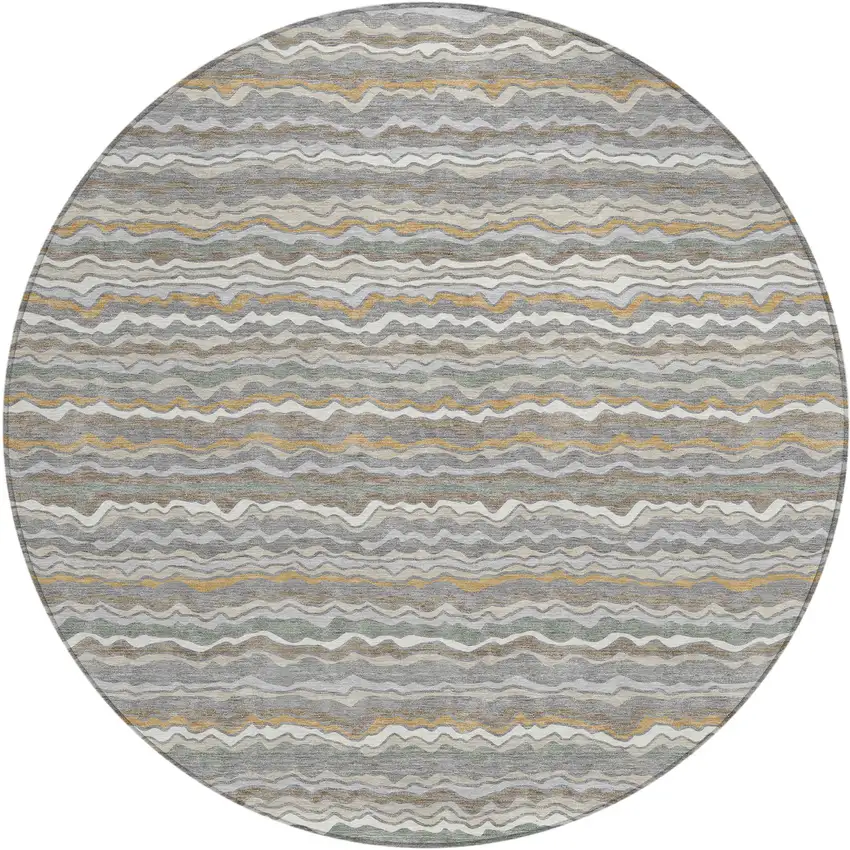 8' Gray And Silver Round Striped Washable Indoor Outdoor Area Rug Photo 1
