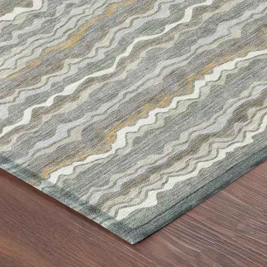 8' Gray And Silver Round Striped Washable Indoor Outdoor Area Rug Photo 6