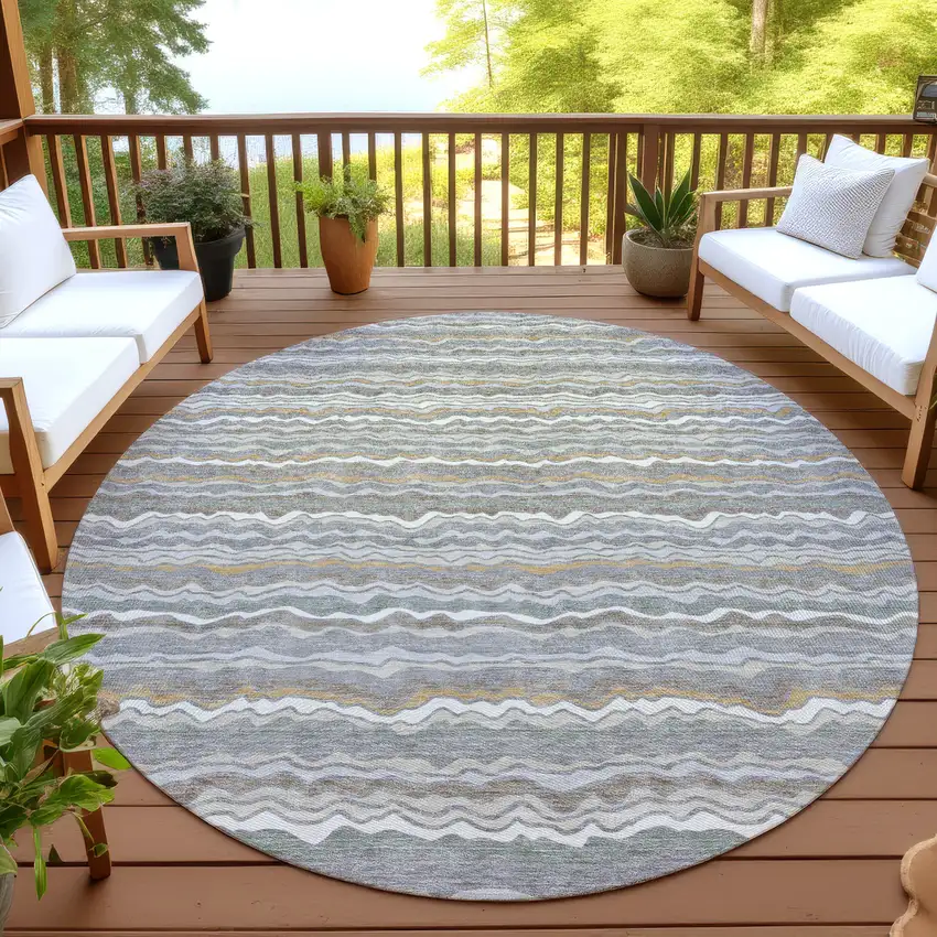 8' Gray And Silver Round Striped Washable Indoor Outdoor Area Rug Photo 4