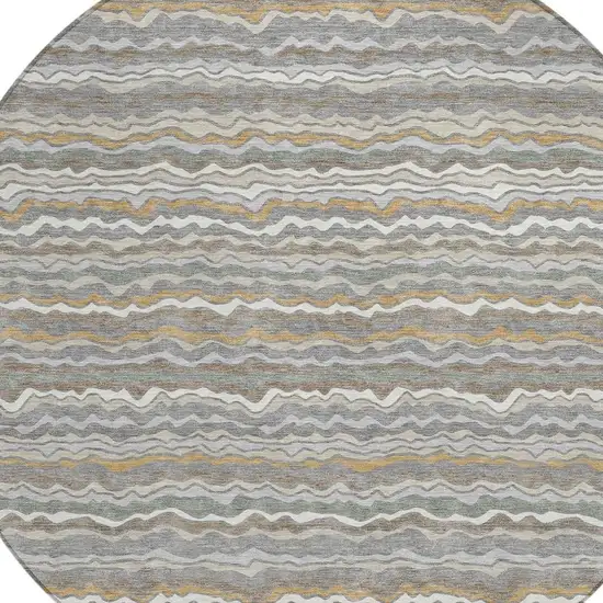 8' Gray And Silver Round Striped Washable Indoor Outdoor Area Rug Photo 2
