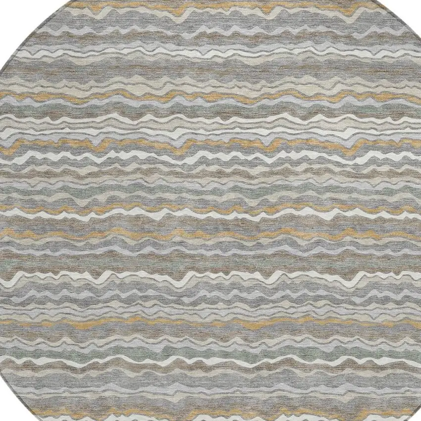 8' Gray And Silver Round Striped Washable Indoor Outdoor Area Rug Photo 2