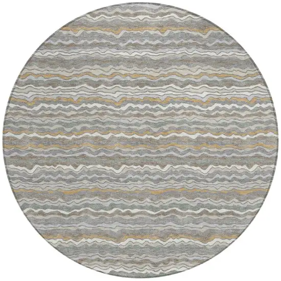 8' Gray And Silver Round Striped Washable Indoor Outdoor Area Rug Photo 3