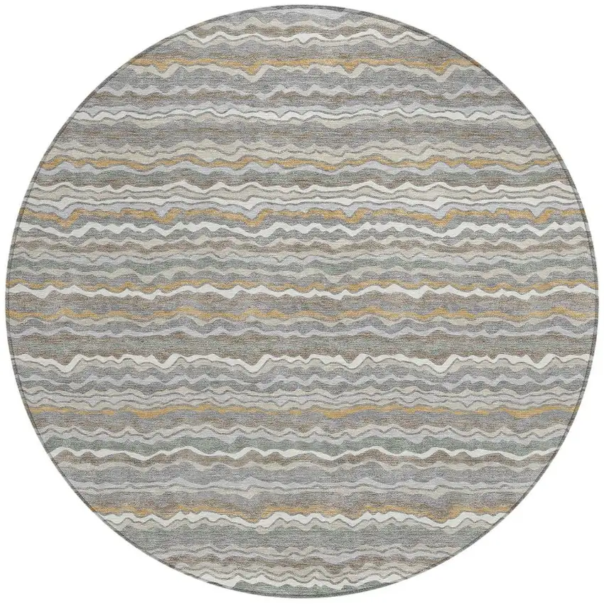 8' Gray And Silver Round Striped Washable Indoor Outdoor Area Rug Photo 3
