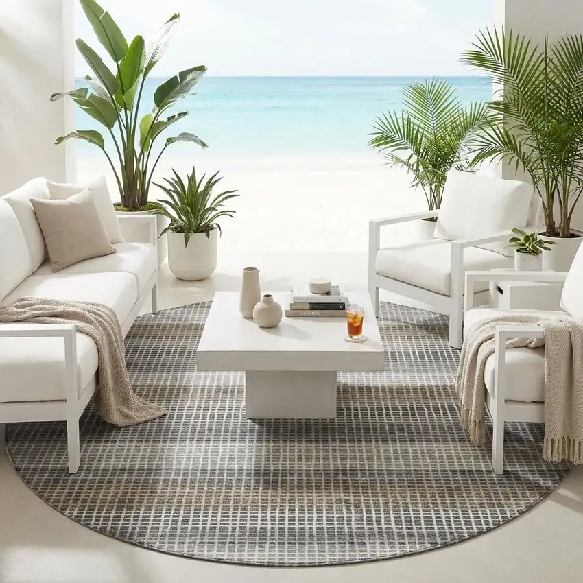 8' Gray And Silver Round Striped Washable Indoor Outdoor Area Rug Photo 1