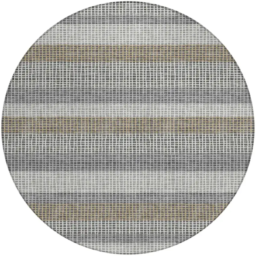 8' Gray And Silver Round Striped Washable Indoor Outdoor Area Rug Photo 2