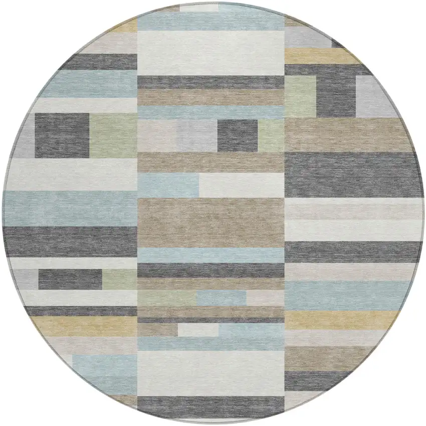8' Gray And Silver Round Striped Washable Indoor Outdoor Area Rug Photo 2