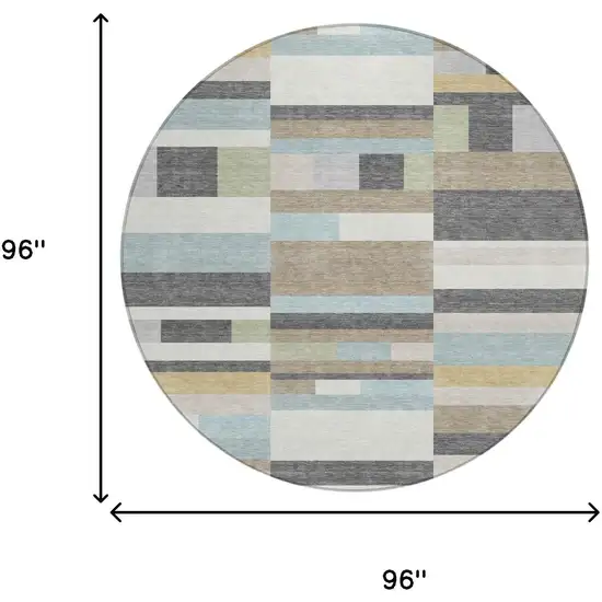 8' Gray And Silver Round Striped Washable Indoor Outdoor Area Rug Photo 5