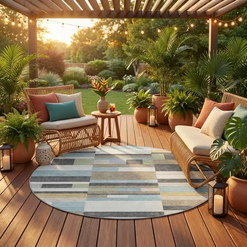 8' Gray And Silver Round Striped Washable Indoor Outdoor Area Rug Photo 1